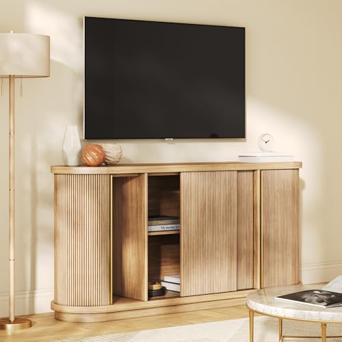 BELLEZE 67" Width 32" Tall Fluted TV Stand, Curved Entertainment Center with Sliding Tambour Doors,Media Console Table for TV up to 75" for Living Room (Camel)