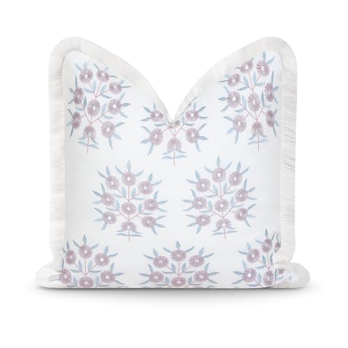 Hofdeco Premium Coastal Patio Indoor Outdoor Throw Pillow Cover Only, 20"x20" Water Repellent for Backyard, Couch, Blush Pink Embroidered Floral with Fringe