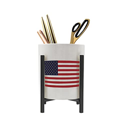 SIEBOLD Pencil Holder White Porcelain Modern Desk Accessories American Flag Pattern for Celebrating Independence Day,Patriotic Decorations