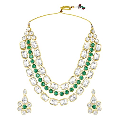 Image of Peora Crystal Studded Gold Plated Layered Long Necklace & Dangle Earring Jewellery Set for Women & Girls