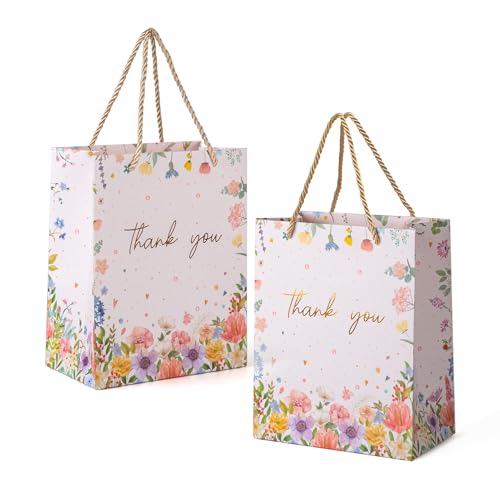 HURSROOR Thank You Gift Bags 2 Pack, 9" Medium Size Gift Bags with Handles, Floral Gift Bags Luxury Paper Gift Bags Present Bag for Teacher Birthday Wedding Baby Shower Mother's Day Party Favors