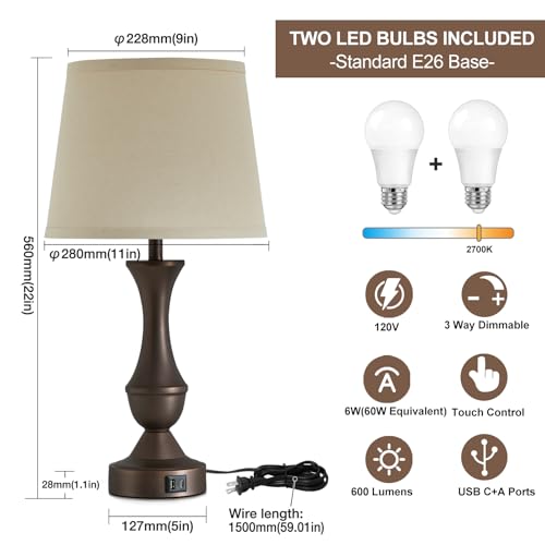 Luvkczc 22" Table Lamp Set of 2 - Vintage Brown Bedside Lamp with Beige Fabric Shade, Dimmable, USB C+A Ports, Nightstand Lamp for Living Room Bedroom (Bulb Included) by Luvkczc - Used condition - Image 2