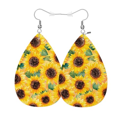 Pendientes de gancho de lágrima de cuero de girasoles para niñas
