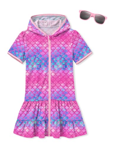Image of BesserBay Girls Summer Beach Quick Dry Cover Up Ruffle Hem Terry Smocked Hooded 4-14 Years with Pockets