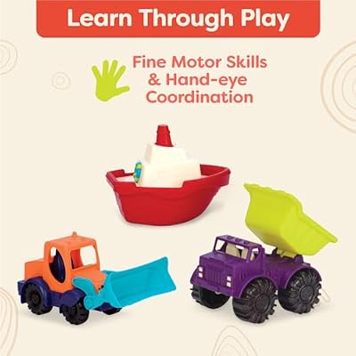 B. toys 3 Mini Toy Cars Water & Sand Playset for Kids Beach Toys Includes 2 Trucks & 1 Boat Durable & Easy to Grab Perfect for Indoor/Outdoor Play