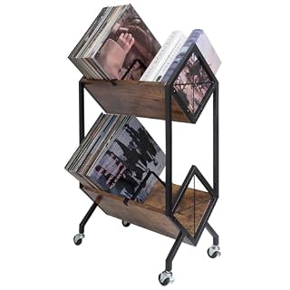 Vinyl Record Storage Holder with Wheels, 2-Tier Record Holder 160-200 LP with Dividers, Retro Style Quick Assembly Vinyl Record Display for Albums, Magazine, Book, Files(2 Tier- Rustic Brown) - Les Beatles, Paul McCartney, John Lennon, RIngo Starr, George Harrison