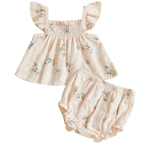 Image of Mubineo Baby Girl Summer Clothes Cute Ruffle Tops Dress Shorts Outfits Set Infant Toddler Shrit Bloomers Princess Outfit