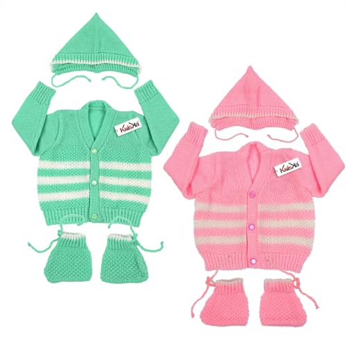 Image of Baby Winter Sweater | Wool Knit Full Sleeve Cardigan for Babies | Soft Warm Winter Clothing for Newborn Boys Girls & Toddlers Combo Pink & Green (3 to 6 Months) Pack of 2