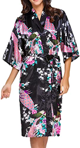 Trifolium Kimono Robe Silky Satin Bath Gown Peacock And Blossoms Nightgown Oriental Floral Bathrobe Gift Bridesmaid Wedding Sexy Pyjama (Black, UK 6-8)