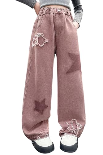 AOWKULAE Girls Baggy Jeans Casual Star Print Stretch High Waist