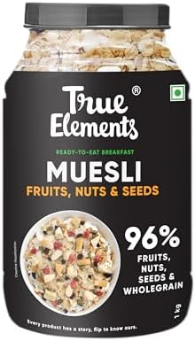 True Elements Muesli Fruit and Nuts 1kg - With Real Fruits & Almonds | Pure Wholegrain Muesli with Oats, Almonds | Real Freeze-dried fruits, Not Candied | Breakfast Cereal | High Fibre & Nutrient-Rich blend