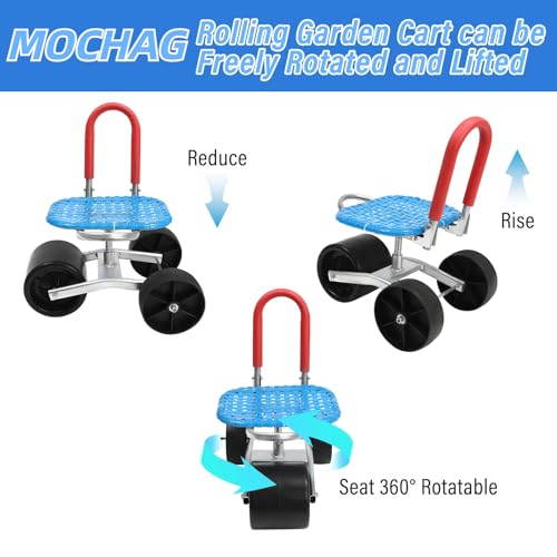 MOCHAG Rolling Garden Cart with Seat, 360° Swivel Garden Rolling Work Seat w/3 Wheels Adjustable Height, Gardening Chair Outdoor Lawn Yard Patio Wagon Scooter for Planting, Gardening Helper