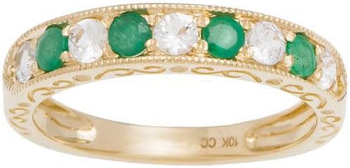 10k Yellow Gold Emerald and White Sapphire Vintage Style Anniversary Wedding Band, R17588PGEMY