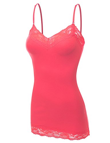 XT1004L Ladies Adjustable Spaghetti Strap Lace Trim Long Tunic Cami Tank Top Coral XL