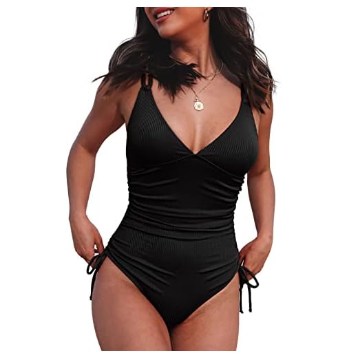 EVALESS Womens V Neck One Piece Swimsuit Padded Push Up Tummy Control Bathing Suit Sexy High Cut Swimwear Black Small