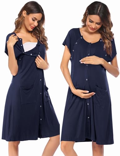 Image of Ekouaer 3 in 1 Labor/Delivery/Hospital Gown Nursing Dress Maternity Nightgown Sleepwear for Breastfeeding with Button S-XXL