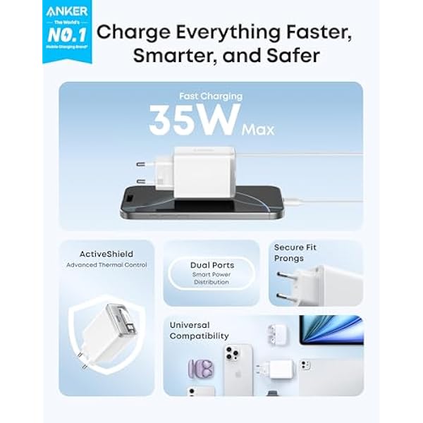 Anker Nano charger USB-C 35W компактное быстрая зарядка 2 порта встроенный прочный Anker InstaCord удлиняемый для iPhone 17 16 15 iPad Pixel и других устройств белый