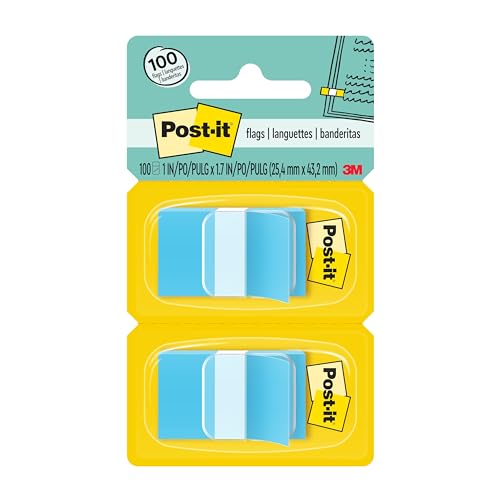 Post-it Flags, 1 in. x 1.7 in., Two Dispensers with 50-Count Blue Sticky Tabs Per Dispenser (100 Flags Total), Removable Page Markers for Planners, Journals, and Calendars