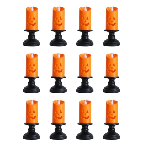 DACONGMING 12 velas de calabaza, decoración de Halloween, velas LED sin llama, velas LED parpadeantes, luz de calabaza, funciona con pilas, decoración de Halloween, Halloween
