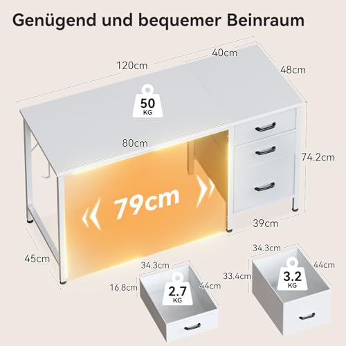 Coleshome Schreibtisch mit 3 Stoff Schubladen, 120x48cm Computertisch mit Kopfhörer Halter, Reversibler PC Schreibtisch Bürotisch für kleines Heimbüro, Weiß