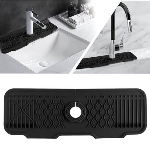 Sink Faucet Mat Silicone Draining Mat Kitchen Sink Splash Guard Faucet Handle Drip Catcher Tray for Kitchen, Bathroom, Countertop Protect (Black)