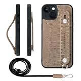 HANATORA for iPhone 13 ケース 本革 耐衝撃 背面ベルト ストラップリング スマホケース スマホ スタンド機能 ネックストラップ 付き カードポケット シュリンクレザー ギフト グレージュ CGHGZ-13-Grege