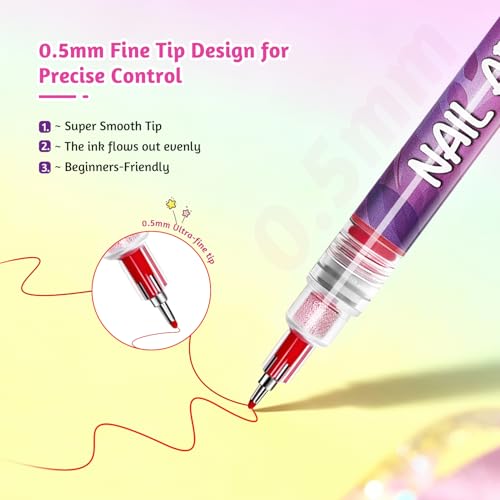 JEWHITENY 12 colors 0.5mm Nail Art Pen Kit: Quick drying Nail Polish Pens, Drawing Painting Point Liner Acrylic Painted Pen Kit for DIY Nail Design, Home & Salon Manicure Tools 5G