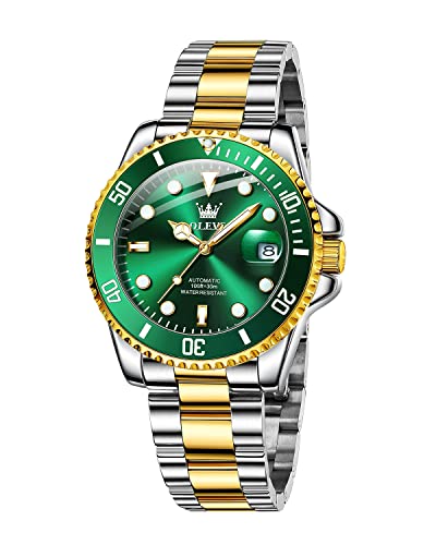 Image of OLEVS Green Automatic Watches for Men Big Dial Date Diver Mens Gold and Silver Two Tone Watch Men Submariner Watches Stainless Steel Strap Fashion Waterproof Man Diving Watch Reloj Dorado para Hombre