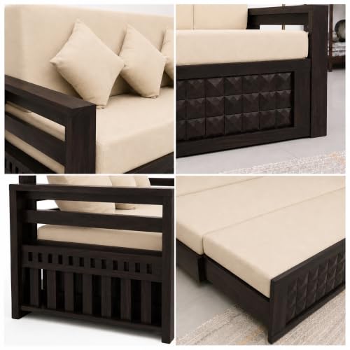 Image of SONA ART & CRAFTS Diamond Sheesham Wood Sofa Cum Bed with Bedside | 3 Seater with Storage and Side Pockets for Living Room Organizer Furniture Sofa Bed Home, Bedroom (Walnut Finish)