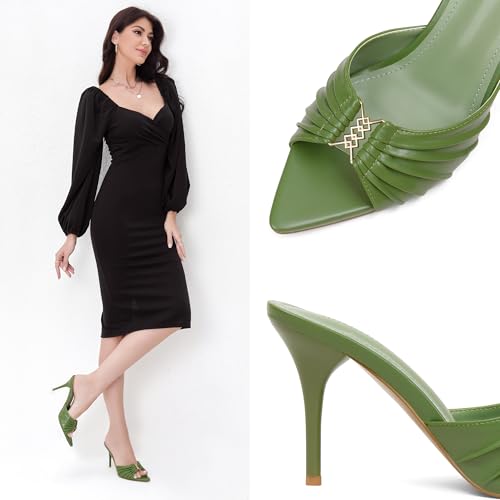 Image of iiimmu 3.5 IN Stiletto Mules High Heels with Pointed Peep Toe Heeled Sandals Faux Leather