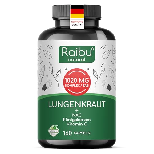 Lungenkraut Kapseln Hochdosiert mit Königskerzen 600 mg Lungenkraut pro Tagesdosis - 160 Kapseln mit NAC & Vitamin C - 20:1 Hochkonzentrierter Extrakt - Vegan & Ohne Zusätze