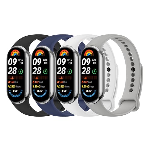 Mugust 4Pack Correas para Xiaomi Mi Band 9 Xiaomi Mi Band 8 Mujer Hombre,Silicona Coloridos Recambio Suave Pulseras de Repuesto para Xiaomi Mi Smart Band 8/Mi Band 9(Negro/Azul/Blanco/Gris)