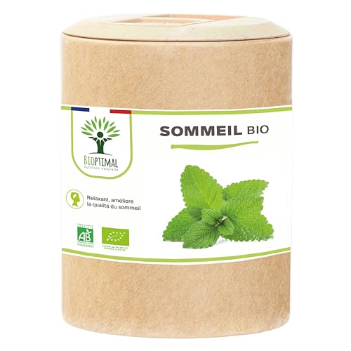 Sommeil Bio - Bioptimal - Complément alimentaire - Mélatonine Naturelle - 4 Plantes pour Dormir - Insomnie Stress Nuit Agitée - 230 mg/gélule - Fabriqué en France - Certifié Ecocert - 200 gélules