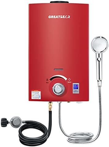 Tankless Water Heater, GREATBEAR 2.64GPM Propane Gas Water Heater Indoors, Propane Water Heater Instant, Multiple Protections, Easy to Install, Use for Apartment Farm Cabin RV Barn Boat, MT10 Red
