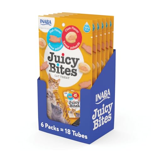 INABA Juicy Bites, Moist & Chewy Cat Treats with Vitamin E and Green Tea Extract, 0.4 Ounces per Pouch, 18 Pouches (3 per Bag), Fish and Clam