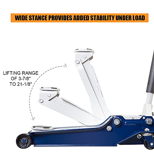 Hpdmc Hydraulic Low Profile Floor Jack Blue With Dual Piston Quick Lift Pump, 3.25 Ton (6,500 Lb) Capacity Lifting Range Of 3-7/8" To 21-1/8" #TOP2