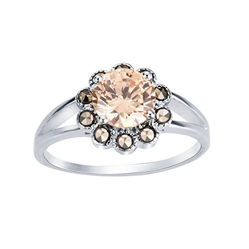 Simulated Marcasite Champagne Cubic Zirconia Vintage Aura Ring Rhodium Plated Brass Size 5 #TOP1