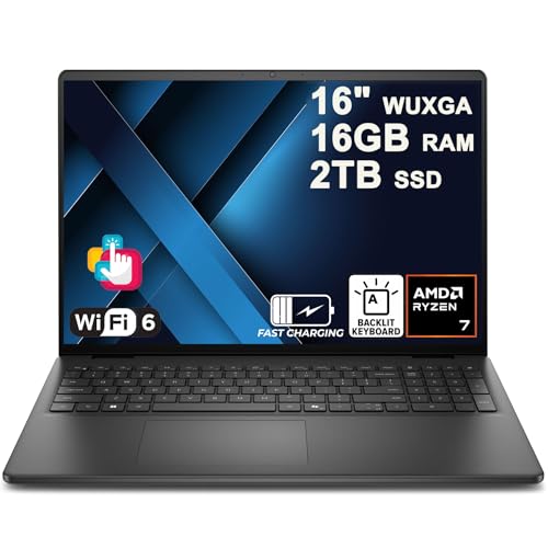Image of Dell 16 Laptop 16 inch WUXGA Touchscreen AMD 8-core Ryzen 7 250 (>i7-1355U) 16GB DDR5 2TB SSD Backlit ExpressCharge Wi-Fi6 for Creator Designer Business Professional Work Win11