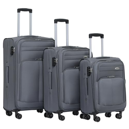 BEIBYE Leichter Stoffkoffer Kofferset Trolley Außentaschen Dehungsfuge mehr Stauraum mit Zahlenschloss (Grau, Set)