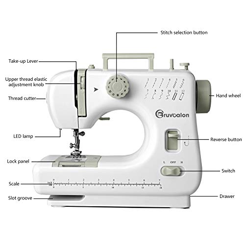 Bruvoalon Sewing Machine, Portable Mini Crafting Mending Machine Household, 12 Built-in Stitches, 2 Speeds Double Thread, Foot Pedal, Accessory Kit for Clothing, Beginners, DIY (Gray)