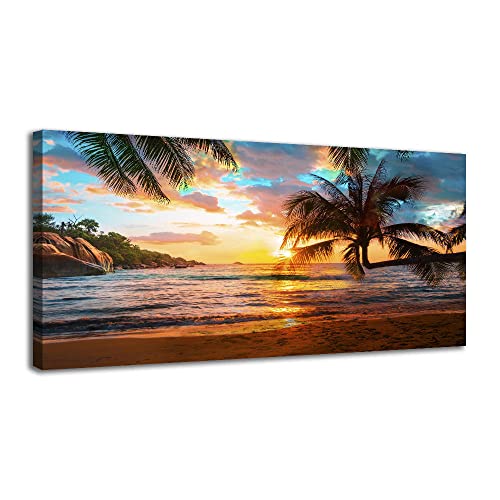 Canvas Wall Art For Bedroom Seascape Sunset Canvas Wall Art Tropical Palm Tree Canvas Artwork Beach Canvas Print For Living Room Ocean Wall Art Decor Sea Waves Canvas Picture Seascape Scenery Painting #TOP18