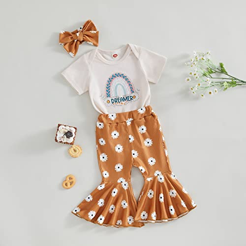 Xdftwdmgqe Newborn Baby Girl Summer Clothes Kids Short Sleeve Letter Romper Tops Floral Flared Long Pants 2Pcs Outfits Set (Dreamer,6-12 Months) #TOP1