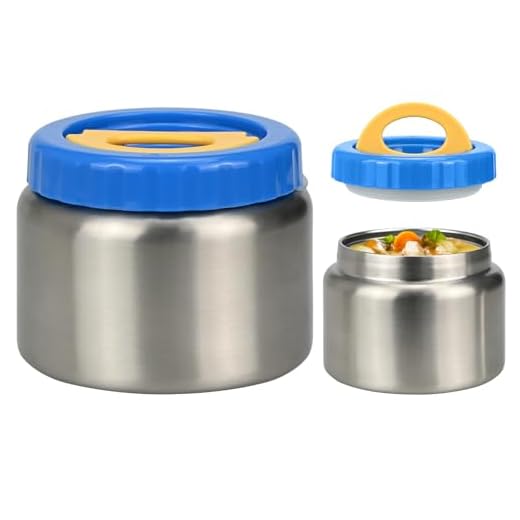 Smlper Recipiente térmico para alimentos, 250 ml/350 ml, recipiente infantil de acero inoxidable con doble tapa, recipiente térmico portátil, aislante, mango aislado y aislado al vacío (azul, 350 ml)