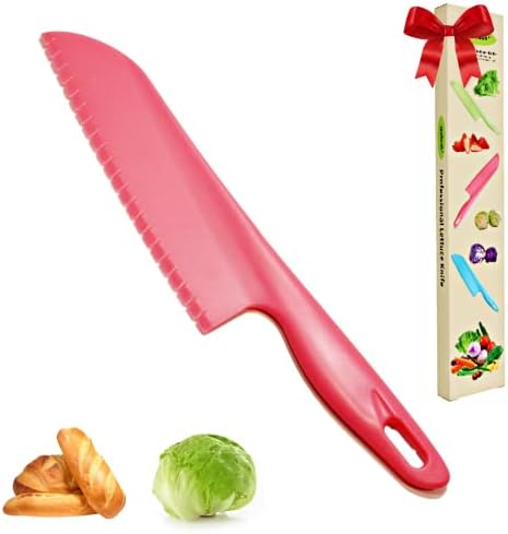 jawbush 11" Professional Salad & Bread Knife, Plastic Lettuce Knife for Veggies, Fruit, Cake, Salad, Serrated Chef Knife for Cooking and Cutting - Safe Nylon Knife, Great Xmas Gift, Pink