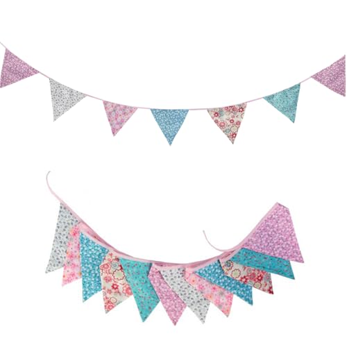 Image of Zwiebeco 32Ft Pink Blue Purple Floral Fabric Bunting Triangle Flag Cotton Flower Pennant Banner Decoration for Birthday Wedding Engagement Baby Shower Tea Party Spring Rustic Village Home Garden Decor