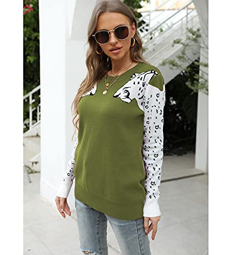 Mansy Women'S Casual Long Sleeve Crew Neck Cute Animal Leopard Print Knitted Pullover Sweater Tops Green thumb #2