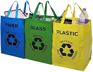 Tooltime Pack of 3 Colour Coded Recycling Storage Bags for Plastic, Paper & Glass