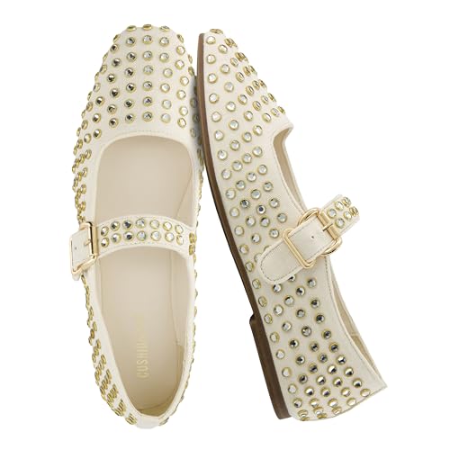 CUSHIONAIRE Princess Women’s Bling Studded Mary Jane Flats – Elegant Buckle Strap Shoes with Memory Foam