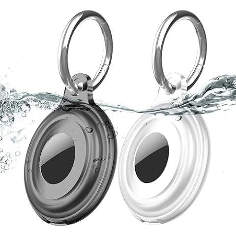 2 Pack IPX8 Waterproof Compatible with AirTag Keychain Holder Case,Lightweight, Anti-Scratch, Easy Installation,Soft Full-Body Shockproof for Luggage,Key Ring,Dog Collar,Belt Key Clip(Black/Clear) Cover