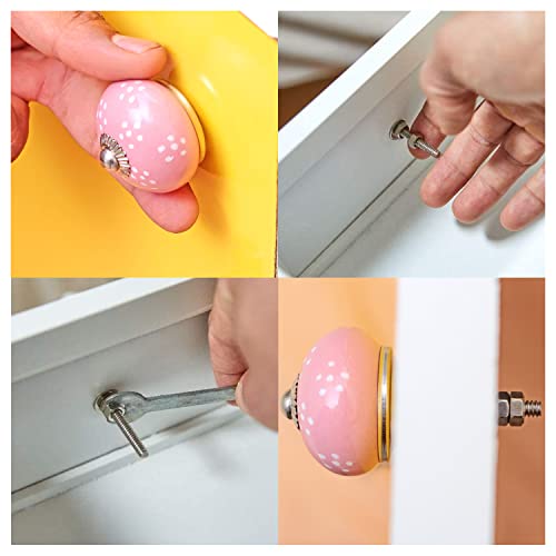 India Artistic Ceramic Cabinet Pull Knobs (Set Of 12) Multipurpose Drawers For Kitchen Boho Cabinet, Pull Interior Door & Drawer, Wardrobe, Cupboard Vintage Rust Free Knobs - Pink & White Color #TOP3